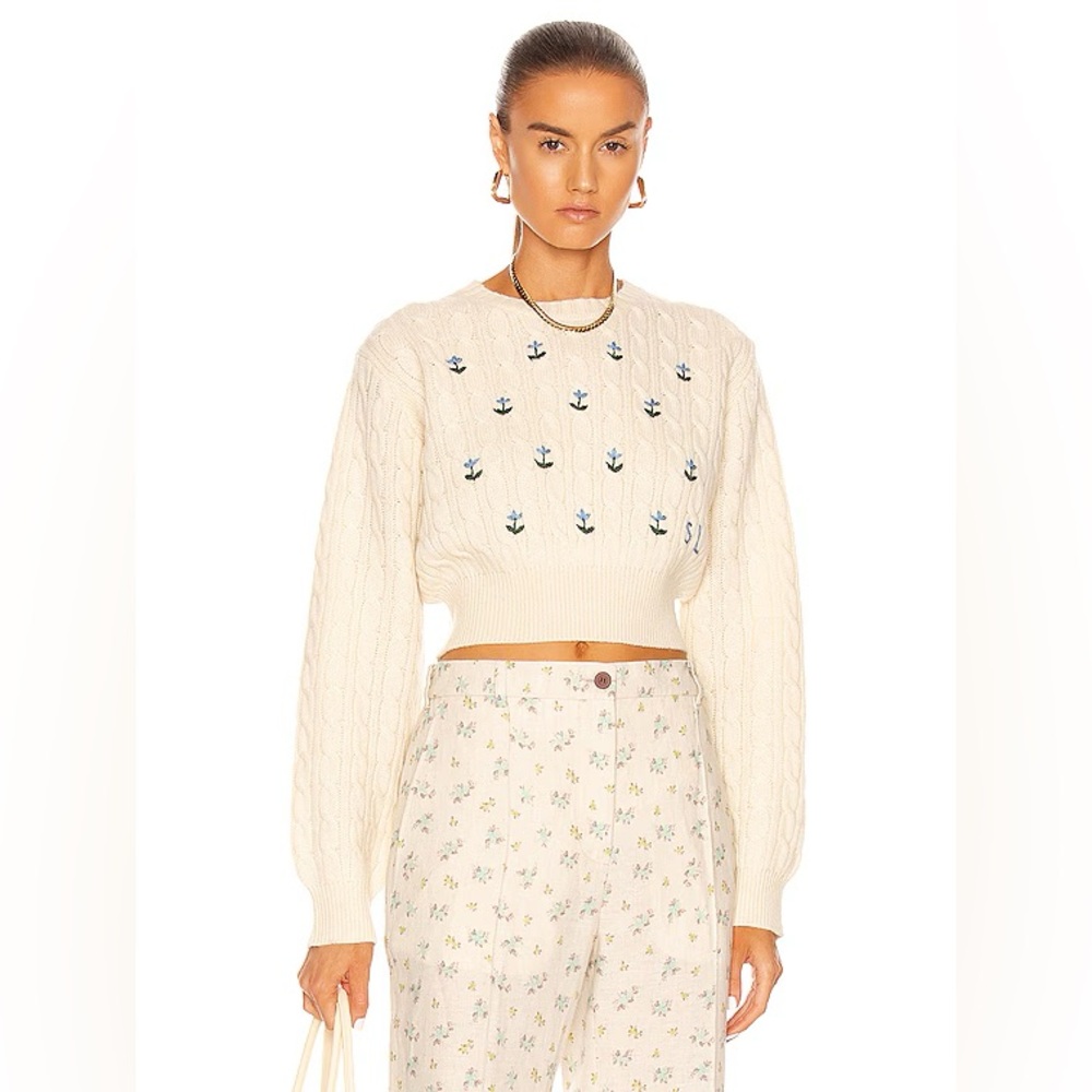 Sandy Liang Floral Embroidered Cable Knit Crop Half Sweater in Panna Cotta, S - Picture 2 of 9